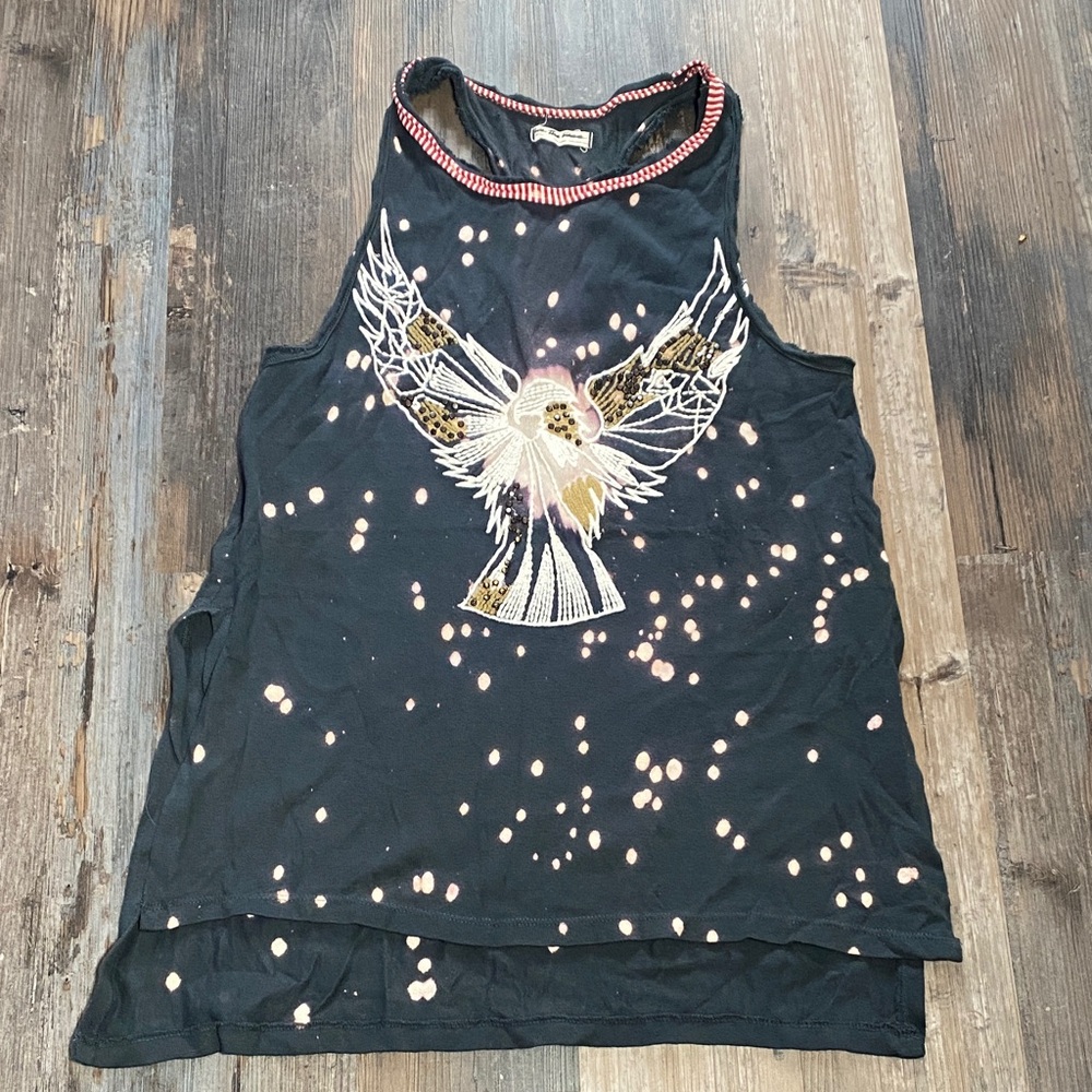 Free People Embroidered Black Tank Top with eagle design